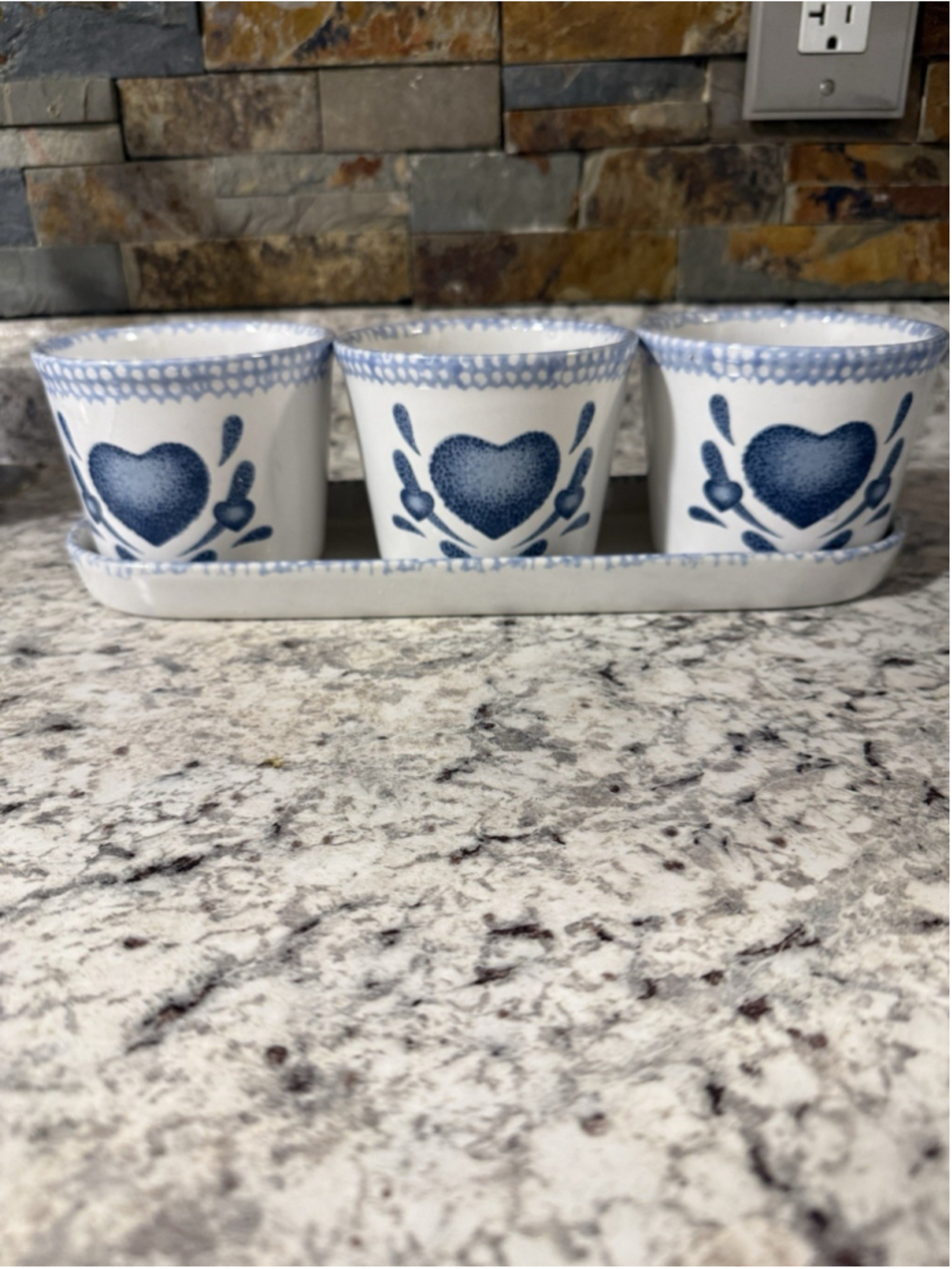 VTG Corning Corelle 3 Blue Heart Ceramic Window Planters with Tray Cottage